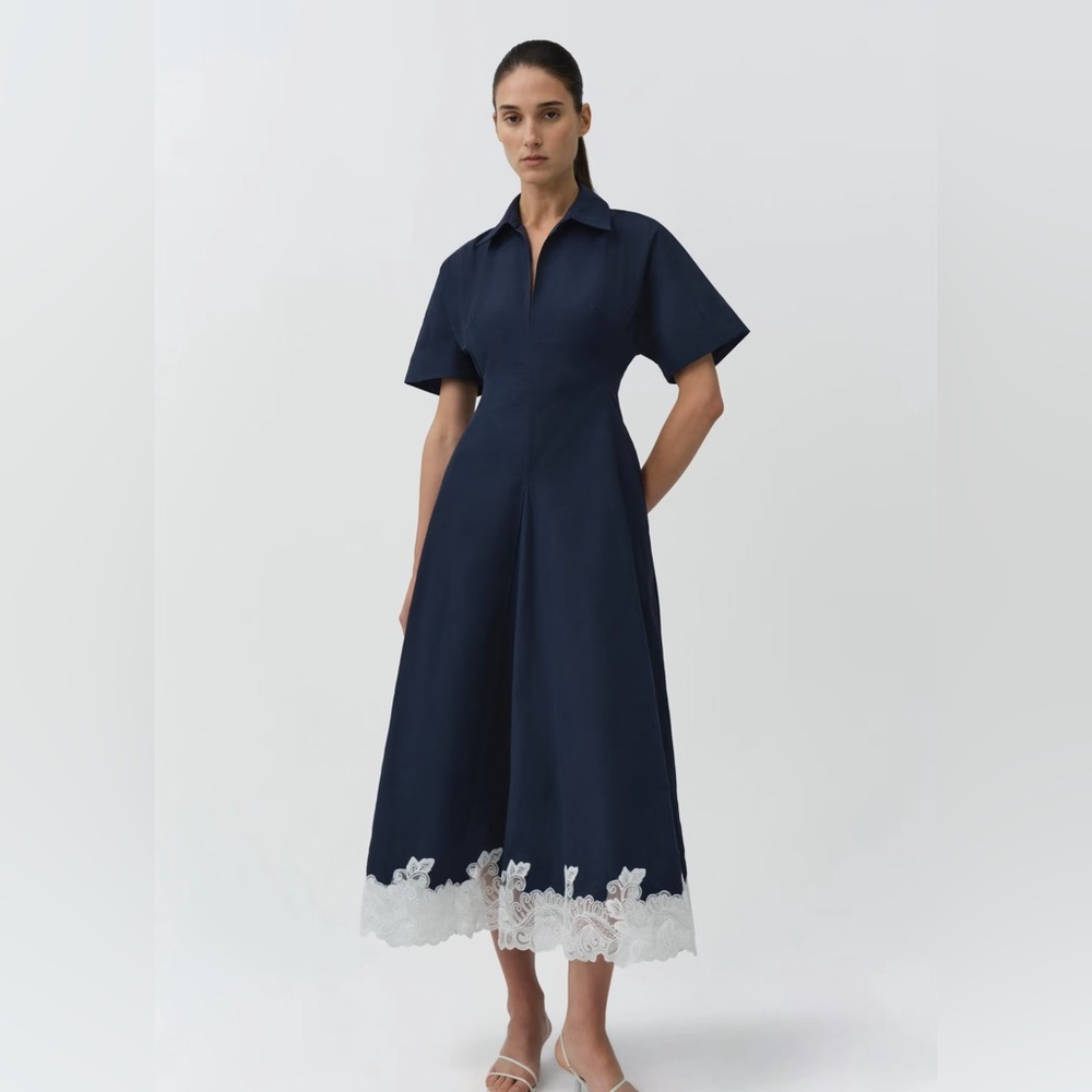 Simkhai Navy Midi Shirtdress with White Lace Hem NWT RRP$745